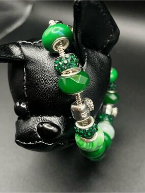 Hand Crafted Green Charm Bracelet with Silver Accents